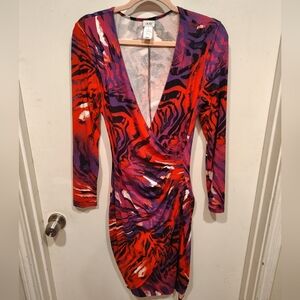 Cache Stretch Knit Colorful Print V-neck Bodycon Dress Sz M Party Event Y2K